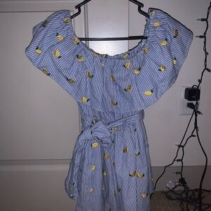 Blue Striped Romper with Yellow Lemons Embroidery